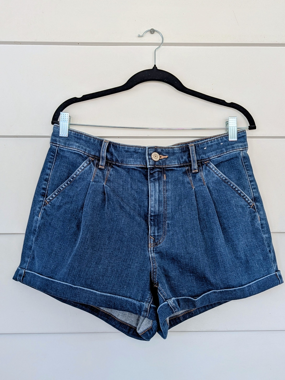 Express Denim Pleated High-Rise Shorts - Blue, 10